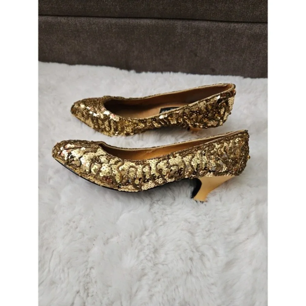 Valenti Franco Gold Sequin Beaded Kitten Heels‎ Pumps Size 7.5 Vintage Glam